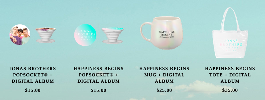 A screenshot of the Jonas Brother's Store, where you can album bundle with items such as a tote bag and mug.